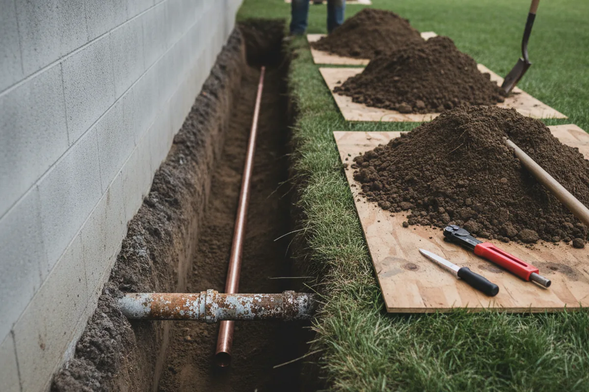 Excavated water line trench during Water Heater Repair in Youngsville